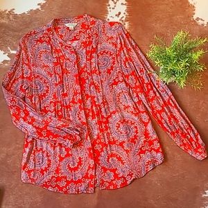 ⭐ 70s Retro Lucky Brand Paisley Boho Button Down Long-Sleeved Blouse Size Small